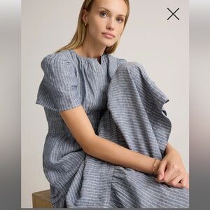 Quince 💯 European Linen Blue pinstriped and White Tiered Maxi Dress